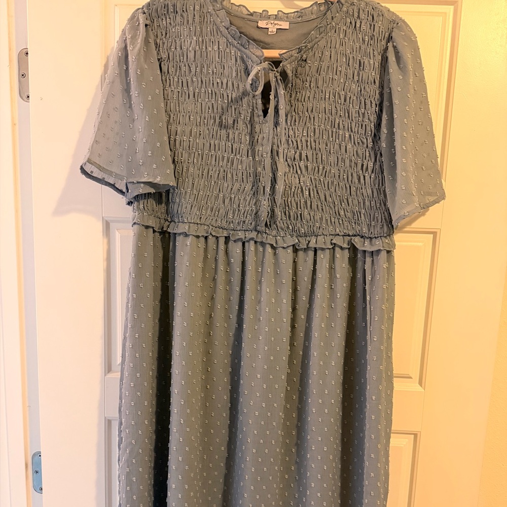 Dusty blue Polgram midi dress with textured dots